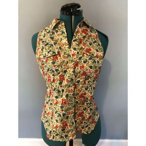 Theory 100% Cotton Red Poppy Floral Pearl Snap Button Down Sleeveless Top, M